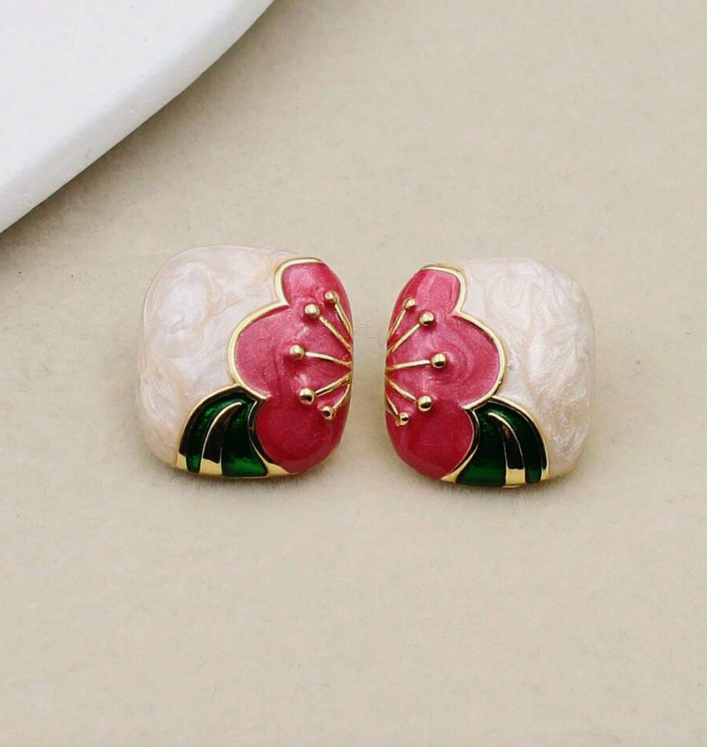 Vintage Bloom Cloisonné Flower Stud Earrings