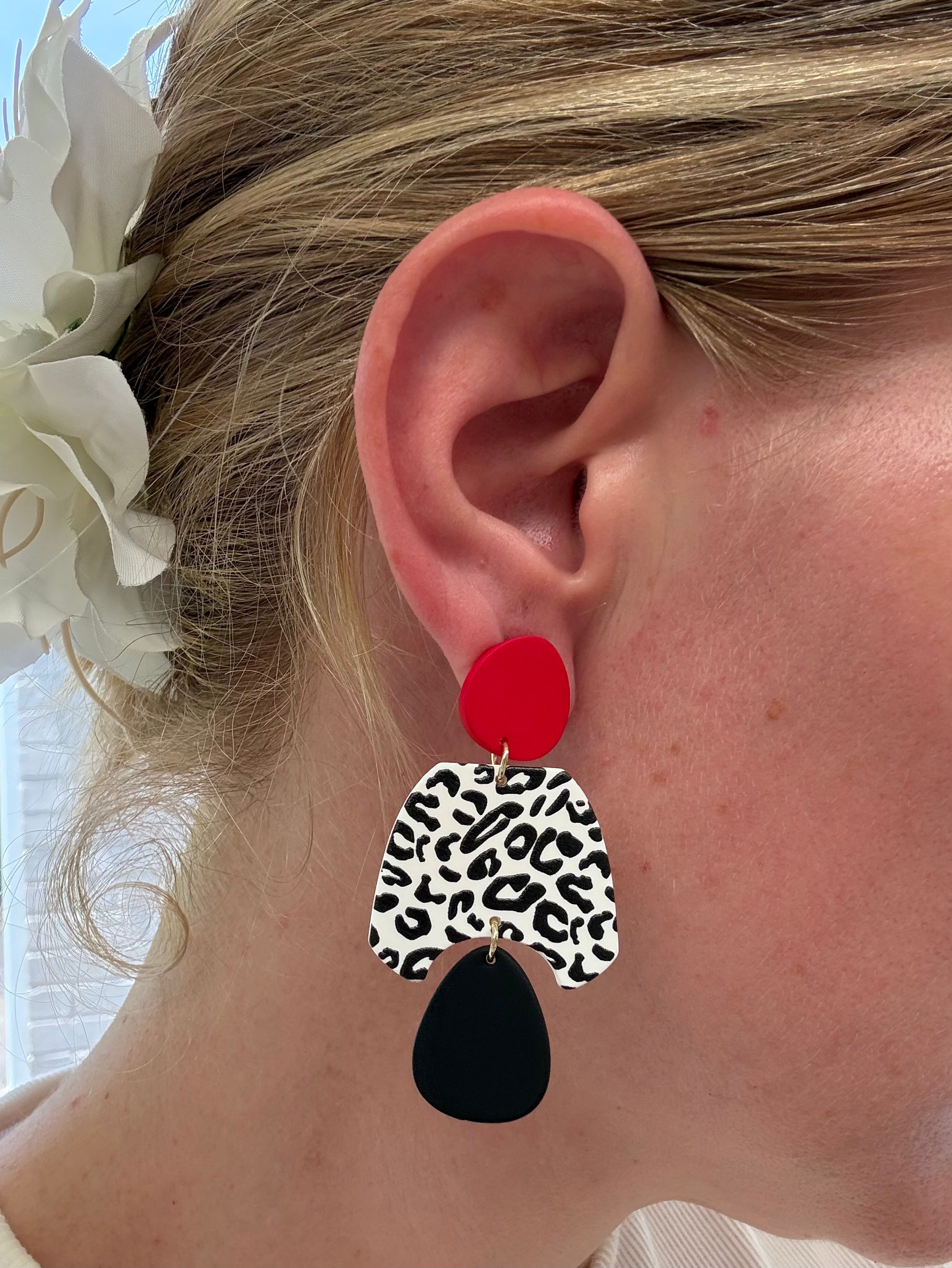 Red and White Leopard Print Danglers