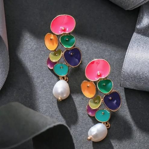Enamel Pebble Earrings with Pearl Drop