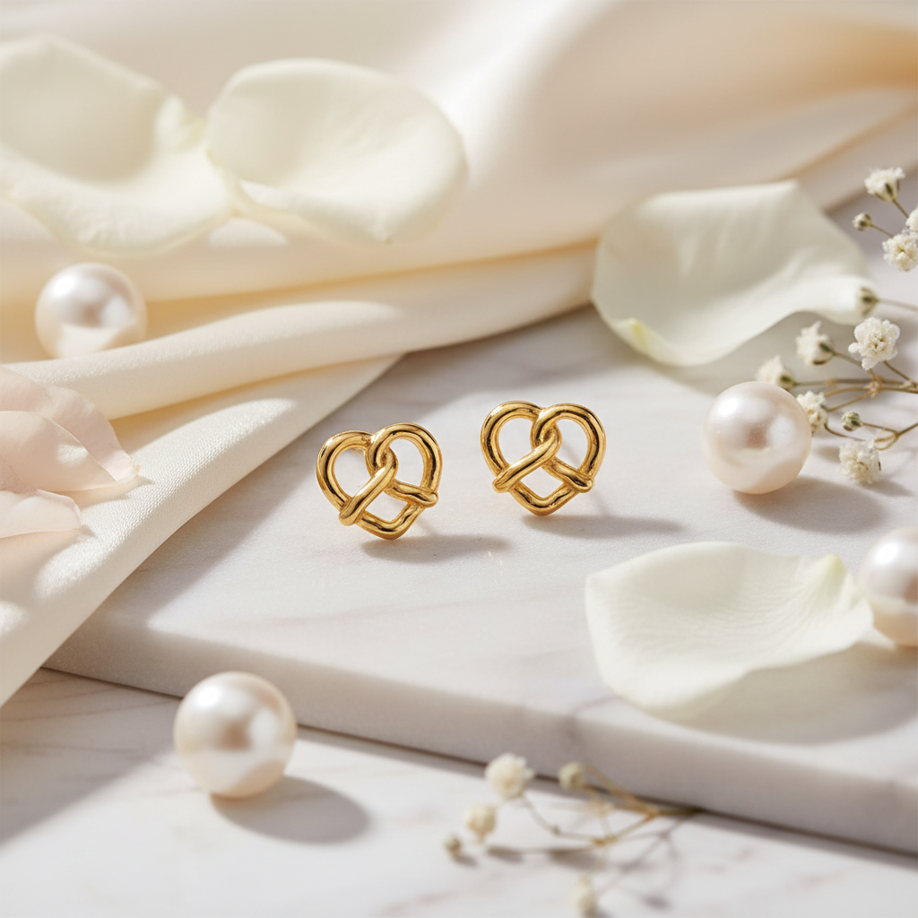 Gold heart knot earrings styled