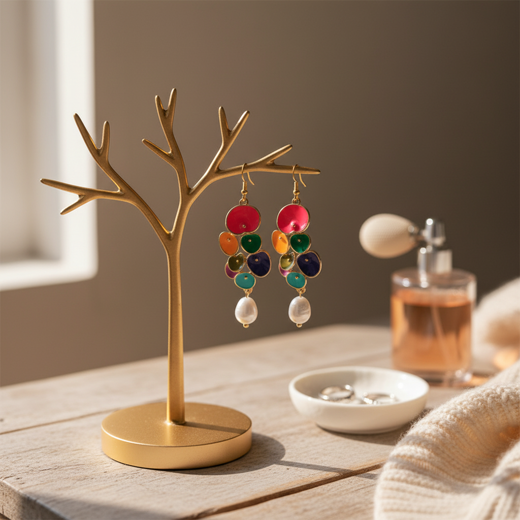 Enamel Pebble Earrings with Pearl Drop